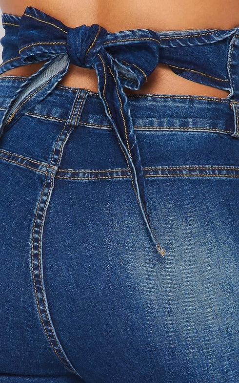 Belted Waist Bell Bottom Jeans - Dark Denim - SohoGirl.com